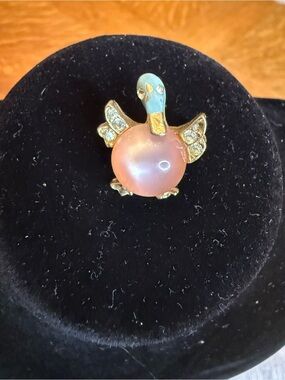 Gold-Tone Pink Glass Duck Brooch with Aqua Head and Crystal Accents